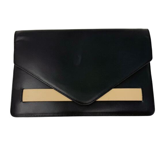 Mark And Graham Black Cream Leather Envelope Clutch Bag Purse Foldover 8" x 13" - Picture 1 of 9
